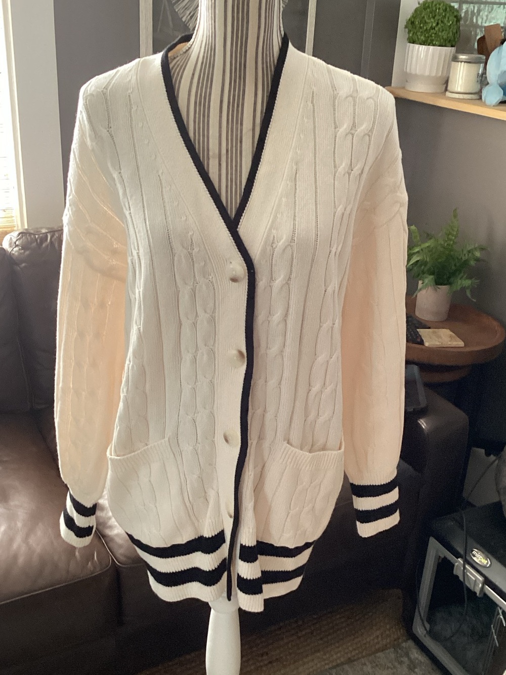 LOFT Cream Cable Knit Cardigan with Black Stripe Trim